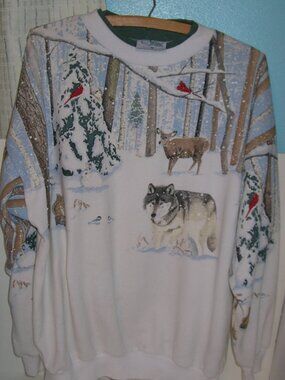 Women's Beautiful White Winter Scene Animals Sweatshirt Artisans Medium 39